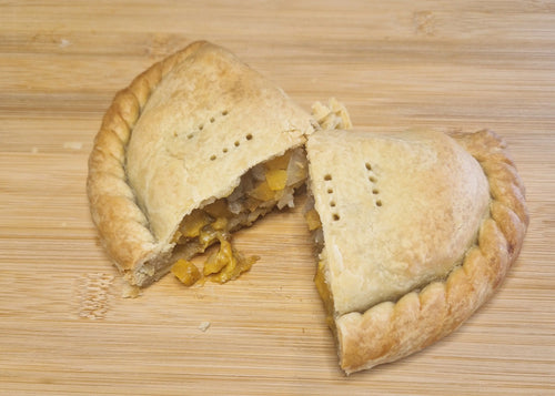 vegan pasty filled with smoked vegan cheese made by the vegan pasty company